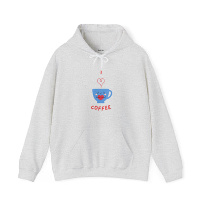 Light gray Printify hoodie with a cute blue coffee cup graphic and red text coffee funny hoodies for sale