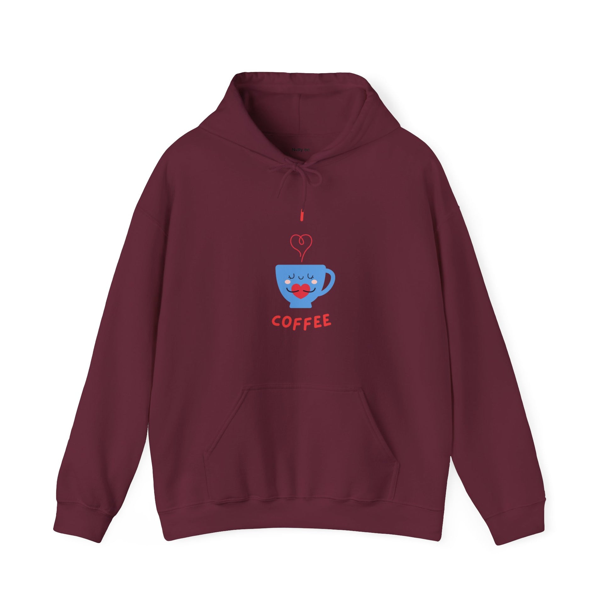 Maroon hoodie with blue coffee cup graphic and red text coffee funny hoodies for sale by Printify