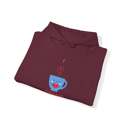 Printify maroon hoodie with cute I love coffee cartoon design funny hoodies for sale
