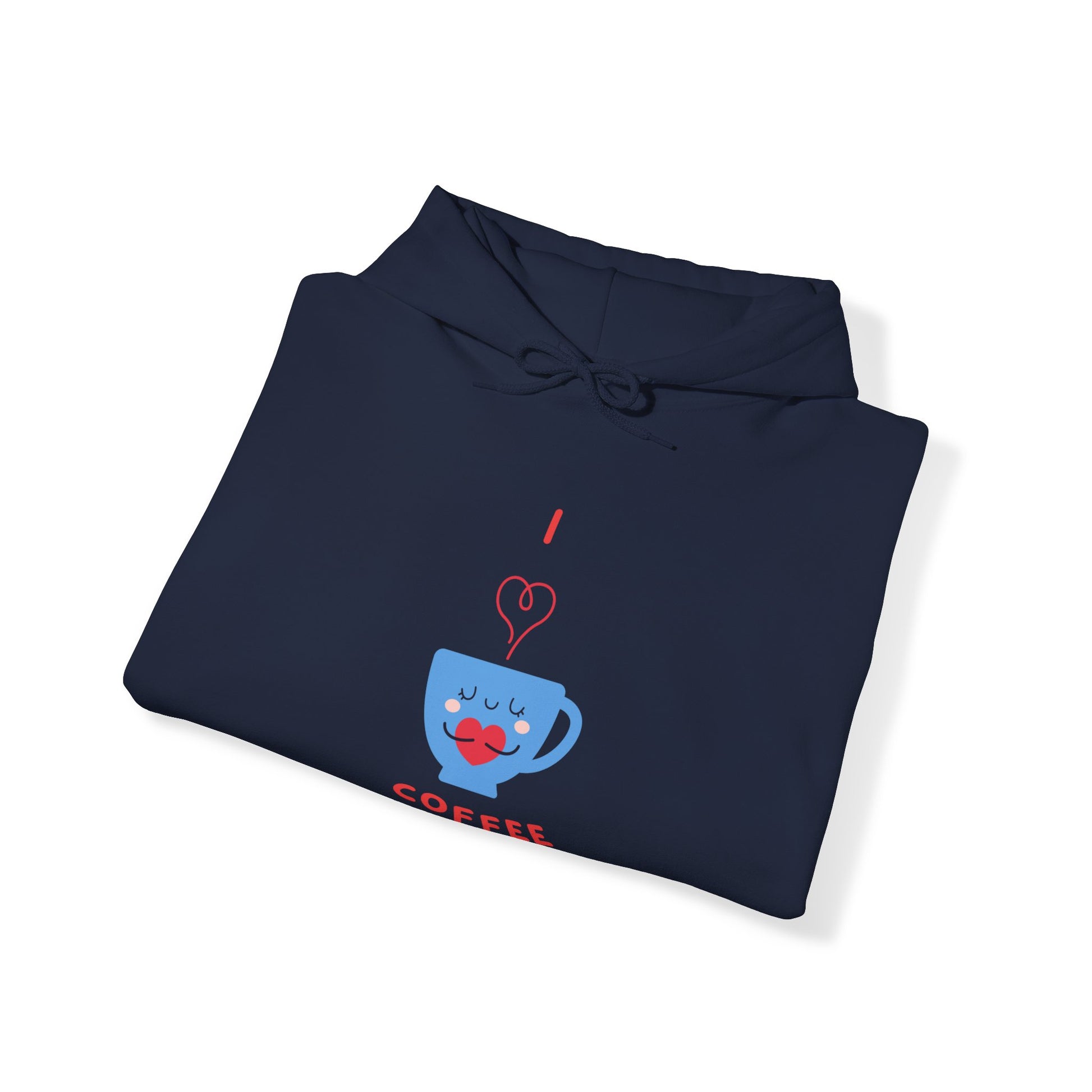 Folded navy hoodie from Printify with a cute coffee cup design and funny hoodies for sale
