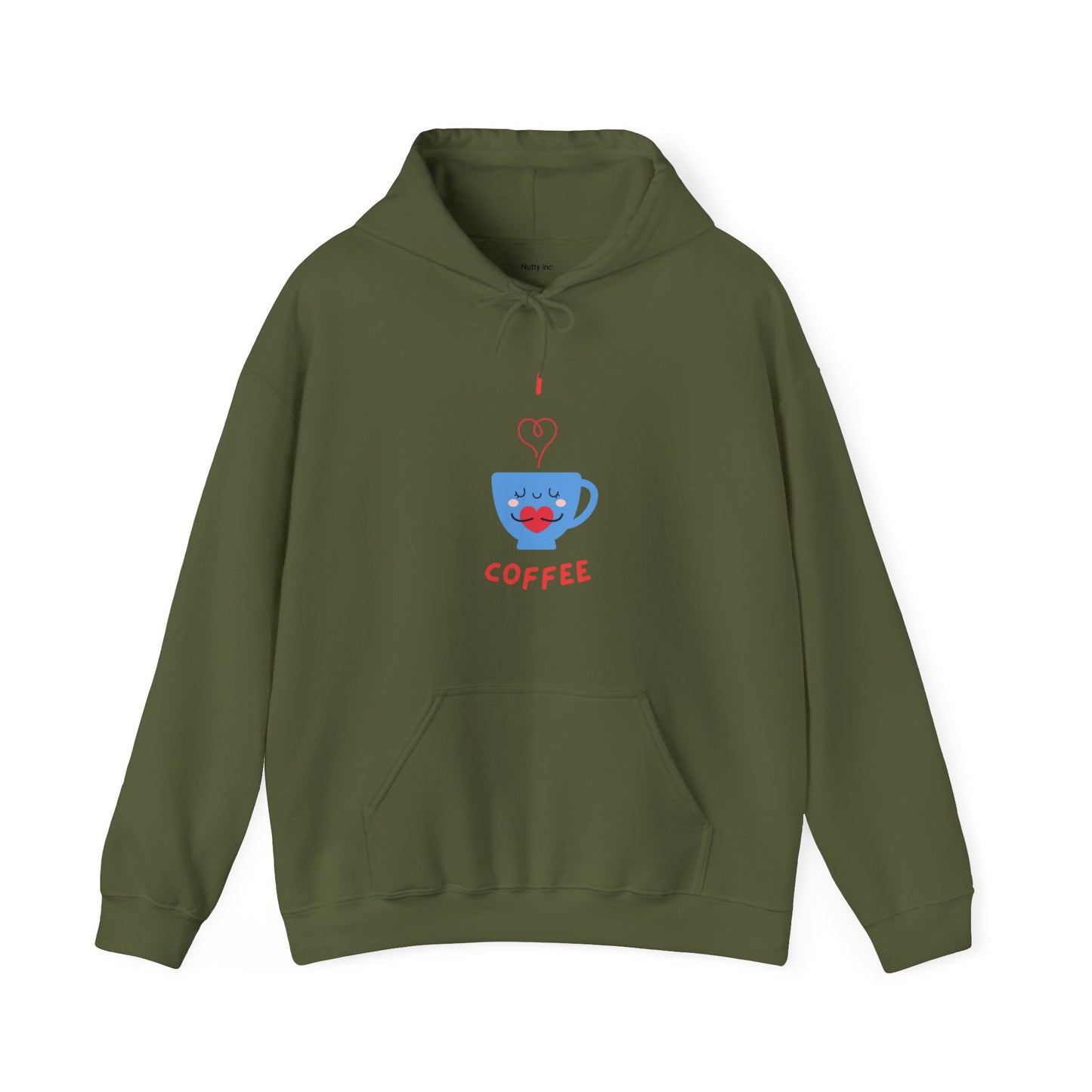 Olive green hoodie with cute blue coffee cup graphic and heart steam print funny hoodies for sale
