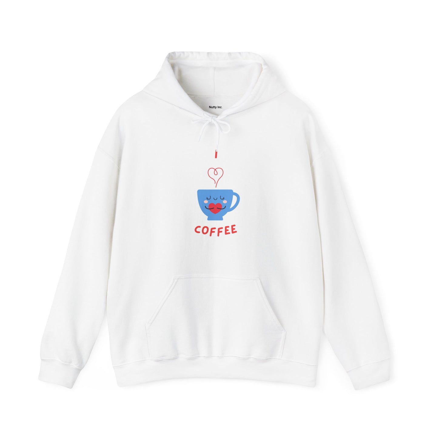 White hoodie with a cute blue coffee cup graphic and the text I love coffee funny hoodies for sale