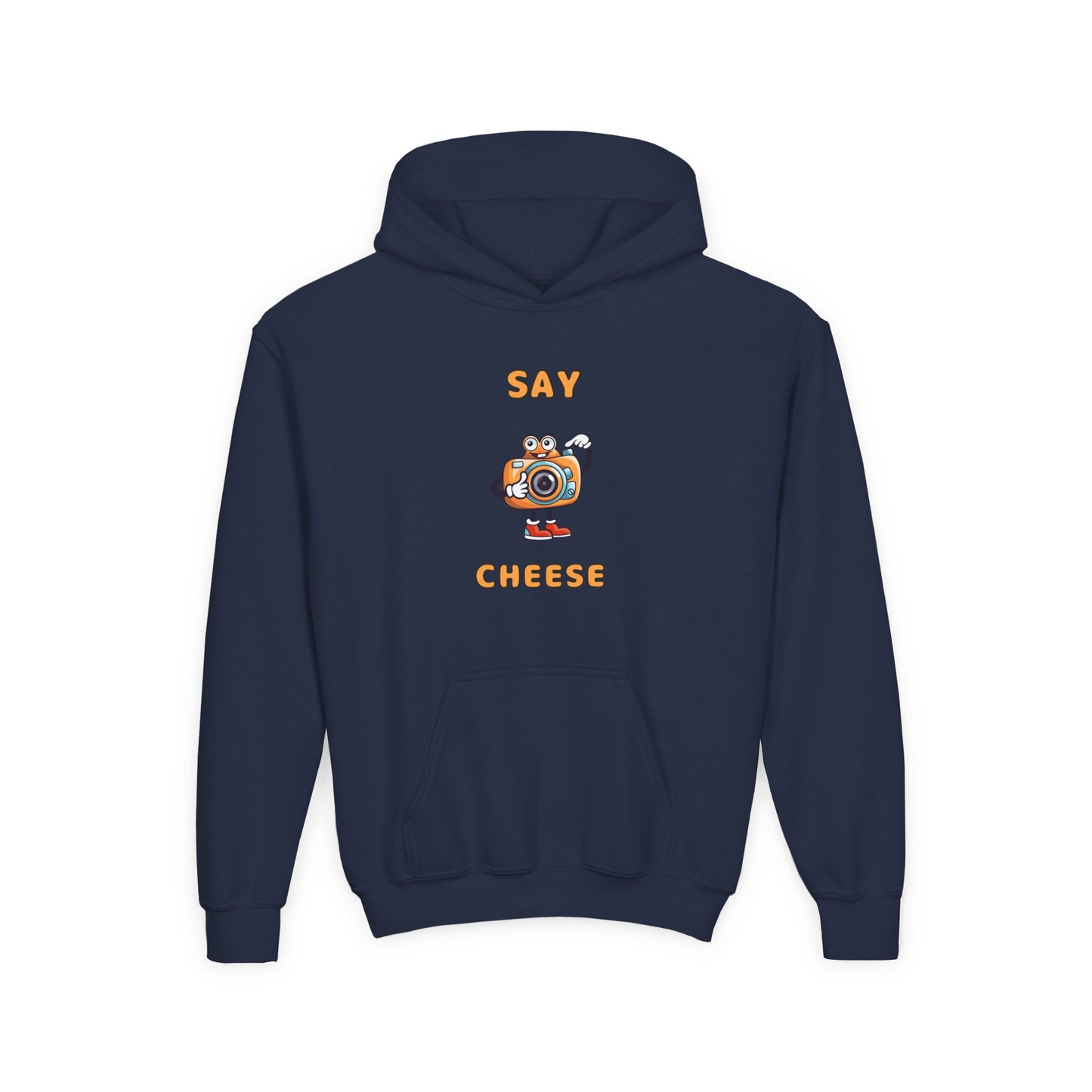 Navy funny inspirational kids hoodie with Say Cheese camera graphic and front pocket from Printify