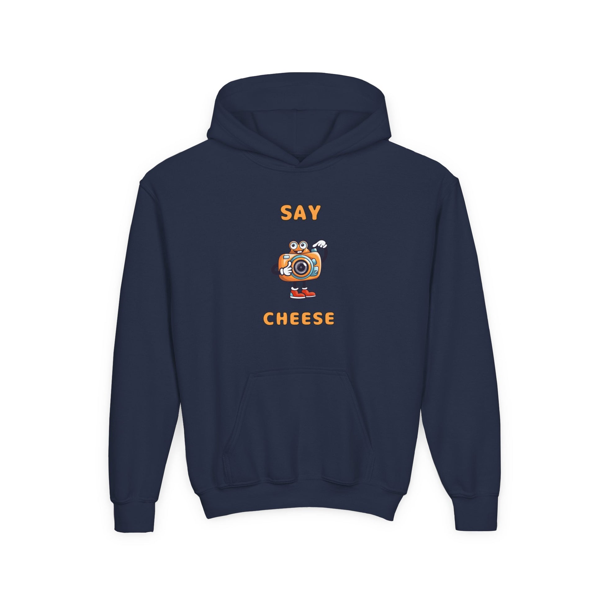 Navy funny inspirational kids hoodie with Say Cheese camera graphic and front pocket from Printify