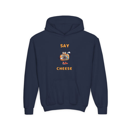 Navy funny inspirational kids hoodie with Say Cheese camera graphic and front pocket from Printify