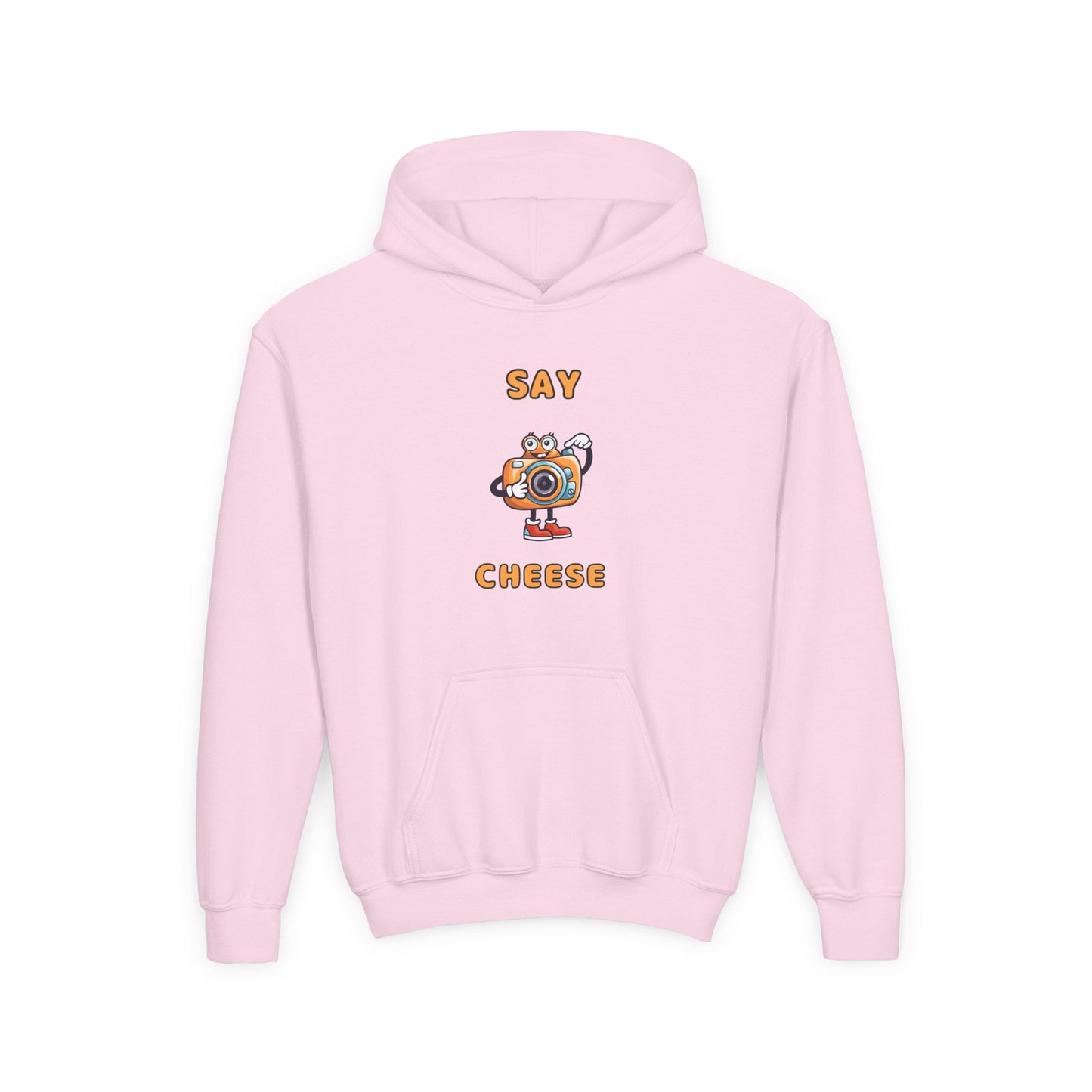 Pink funny inspirational kids hoodie with Say Cheese camera graphic from Printify