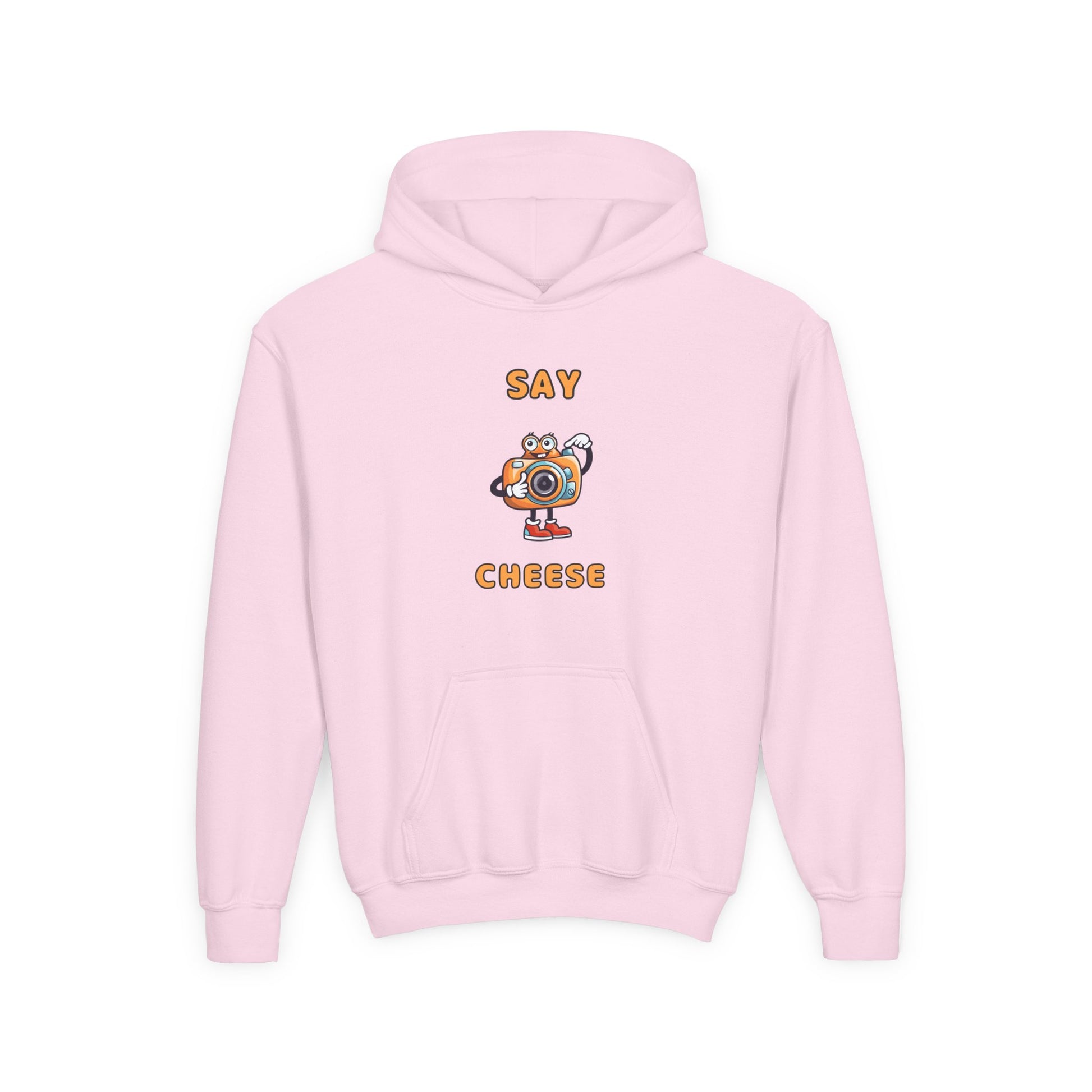 Pink funny inspirational kids hoodie with Say Cheese camera graphic from Printify