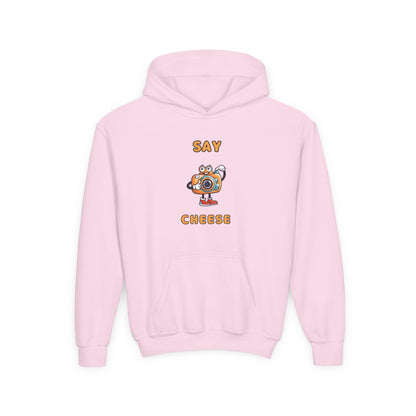 Pink funny inspirational kids hoodie with Say Cheese camera graphic from Printify