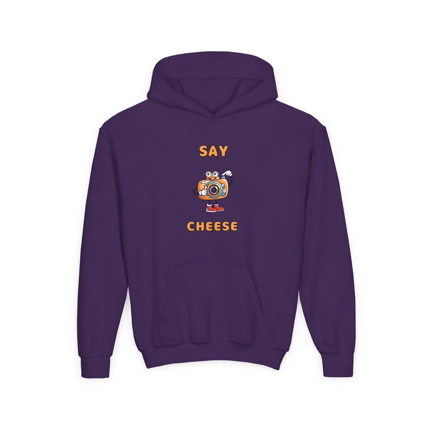 Purple funny inspirational kids hoodie with a cartoon camera and Say Cheese text print