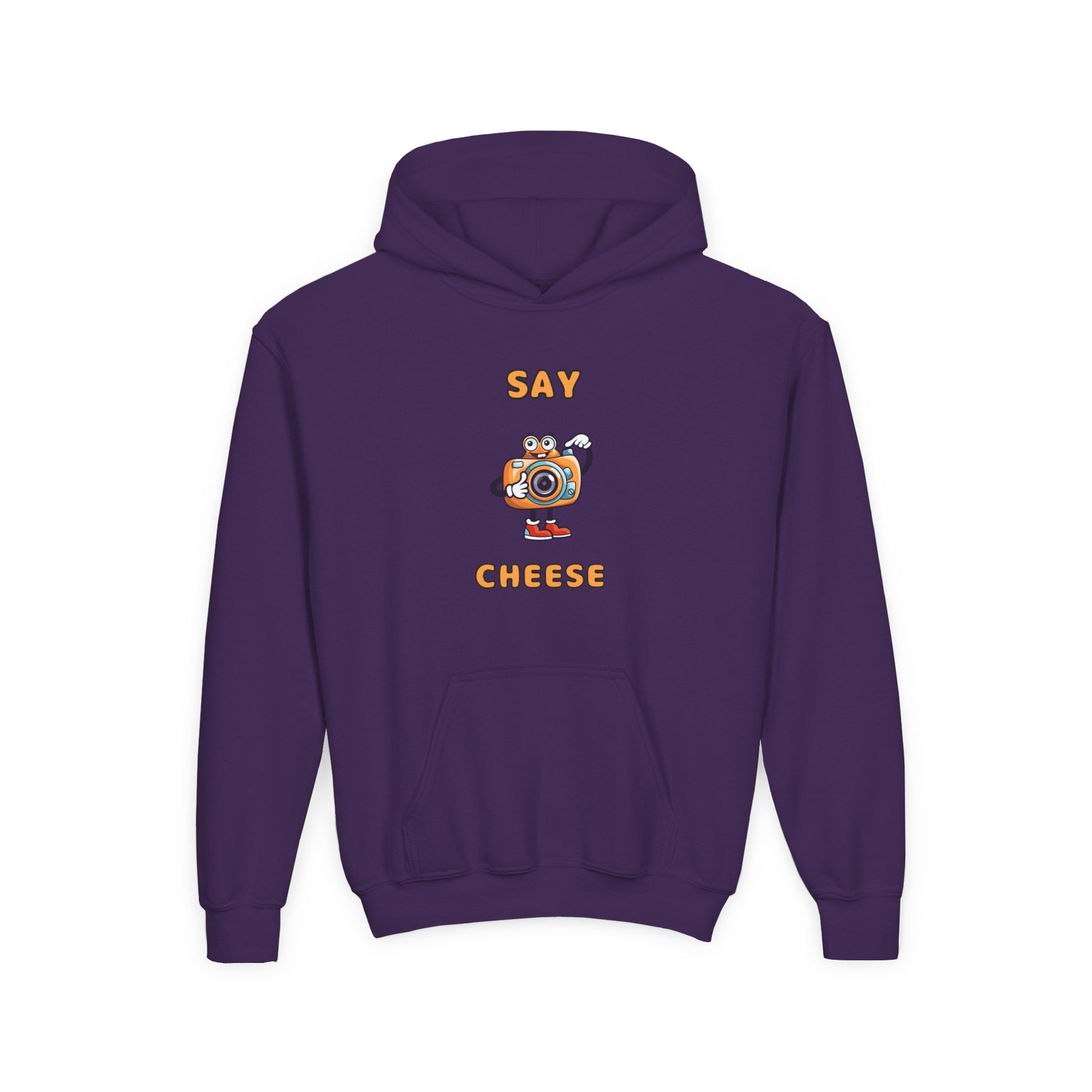 Purple funny inspirational kids hoodie with a cartoon camera and Say Cheese text print