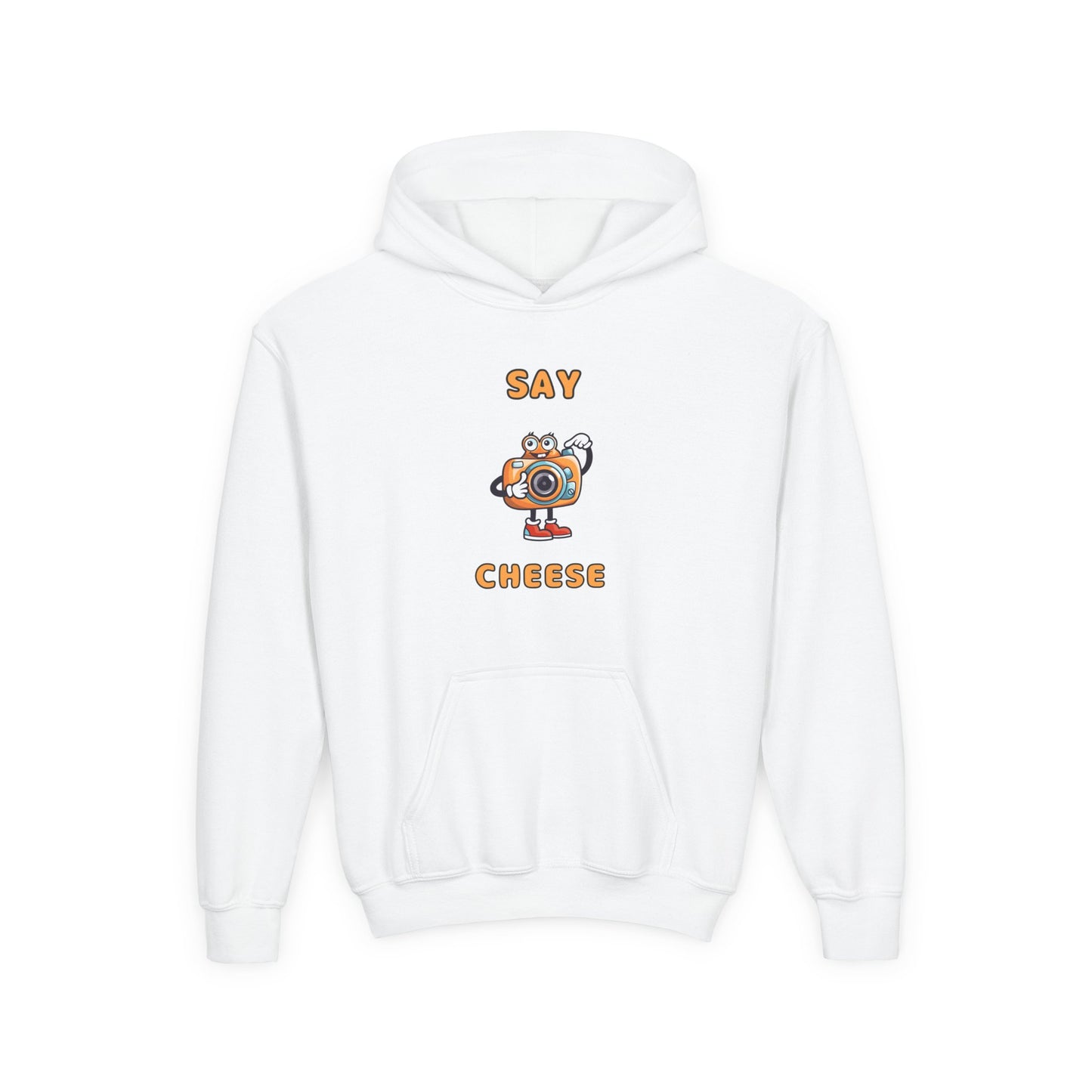 White funny inspirational kids hoodie with cartoon camera and Say Cheese text from Printify