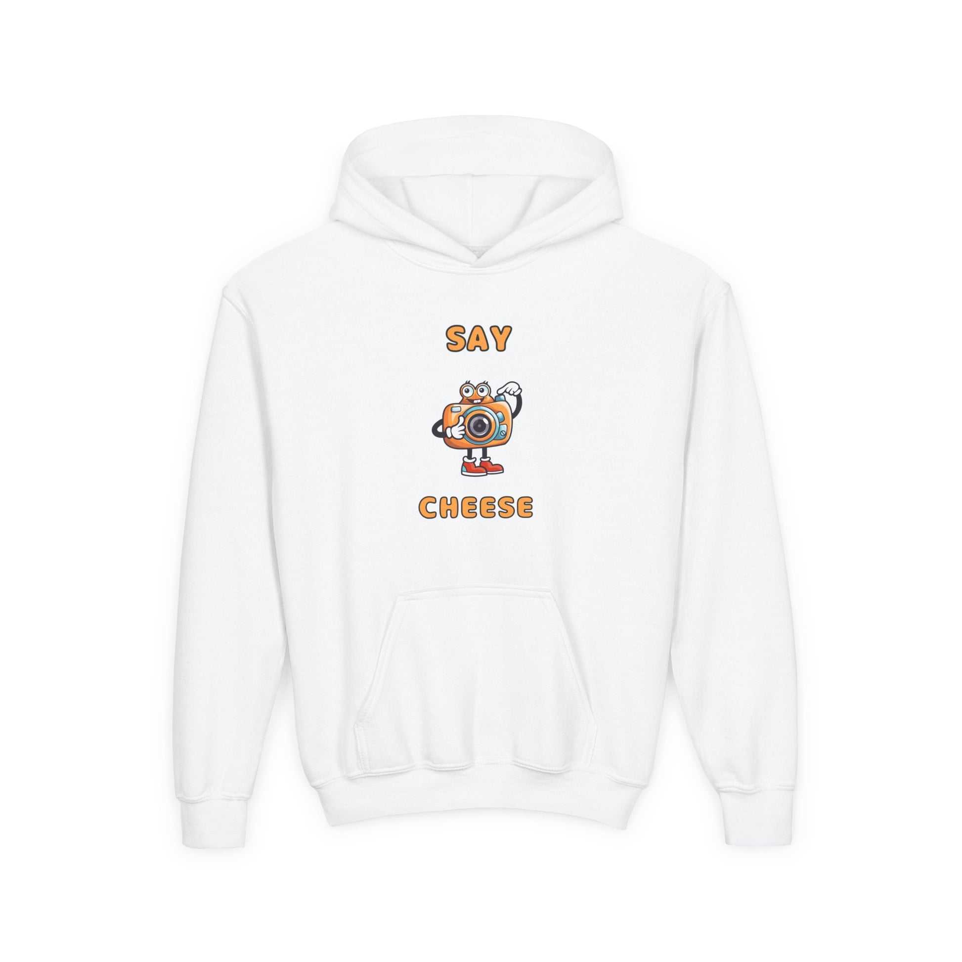 White funny inspirational kids hoodie with cartoon camera and Say Cheese text from Printify