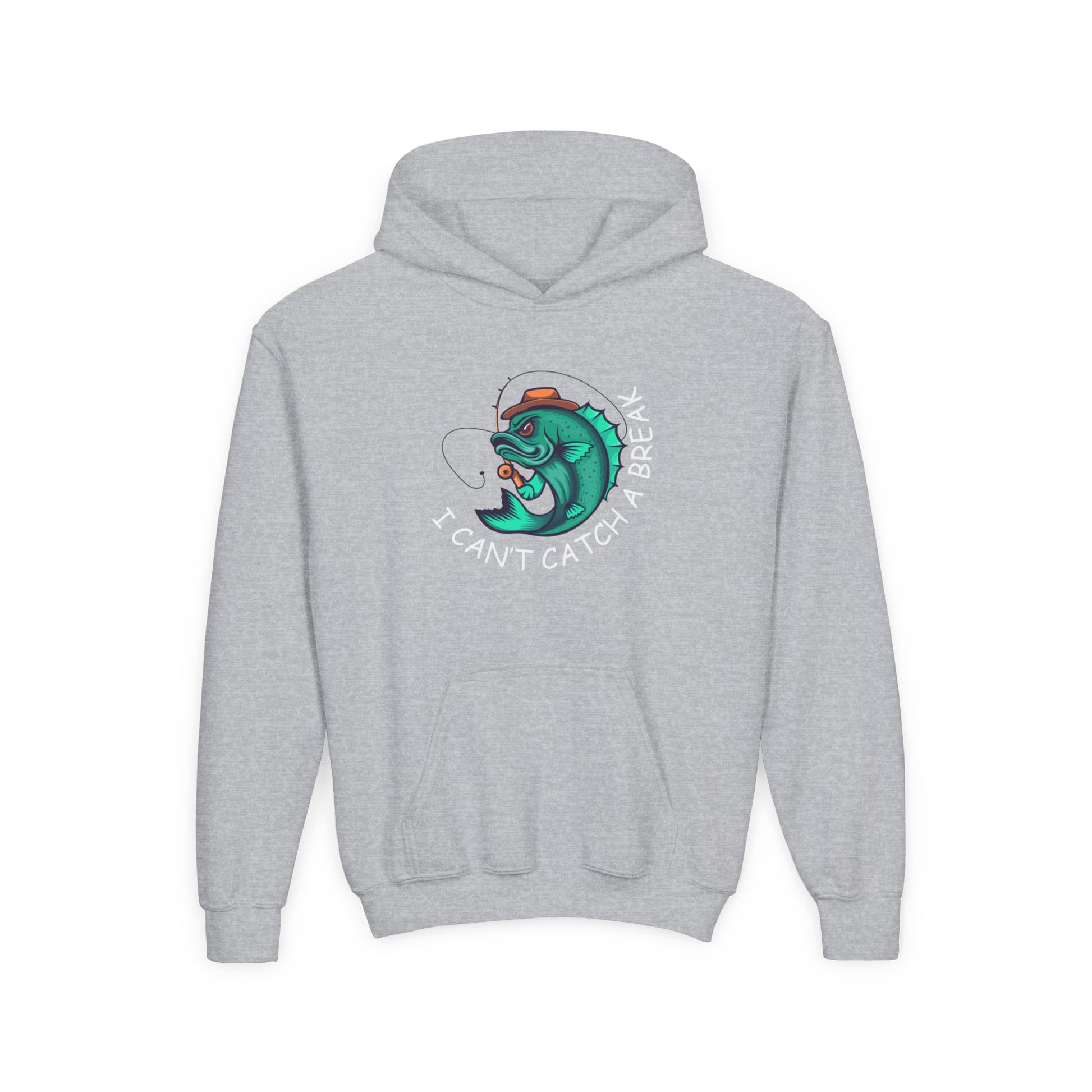 Gray funny kids hoodie with fish design featuring a cartoon fish and text I cant catch a break