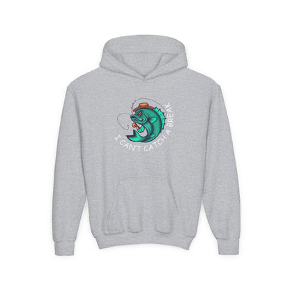 Gray funny kids hoodie with fish design featuring a cartoon fish and text I cant catch a break