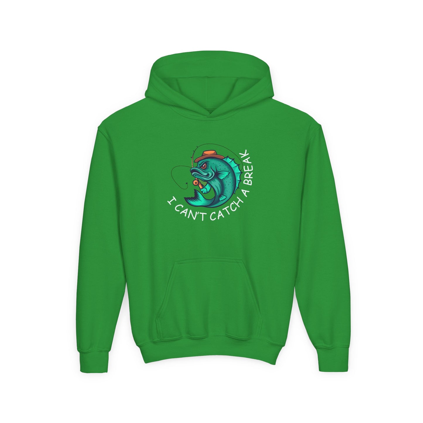 Green kids hoodie with funny kids hoodie with fish design and I can't catch a break text