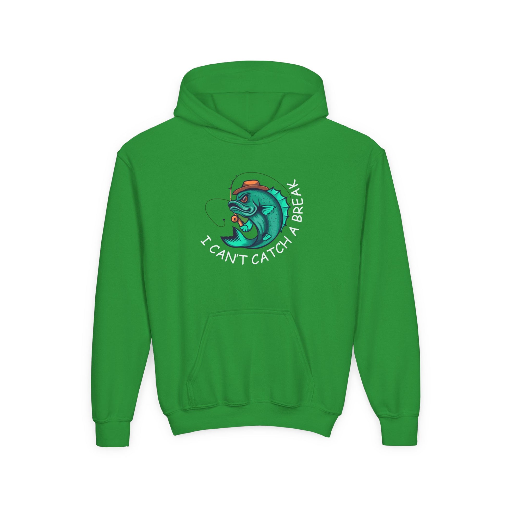 Green kids hoodie with funny kids hoodie with fish design and I can't catch a break text