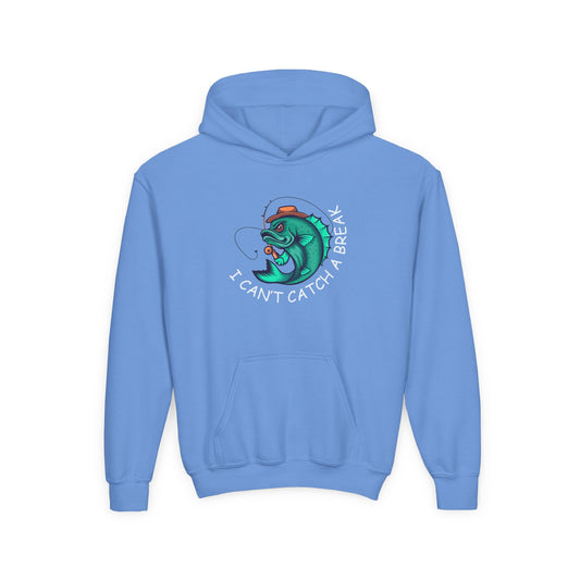 Light blue funny kids hoodie with fish design and I Can't Catch A Break text printed on front
