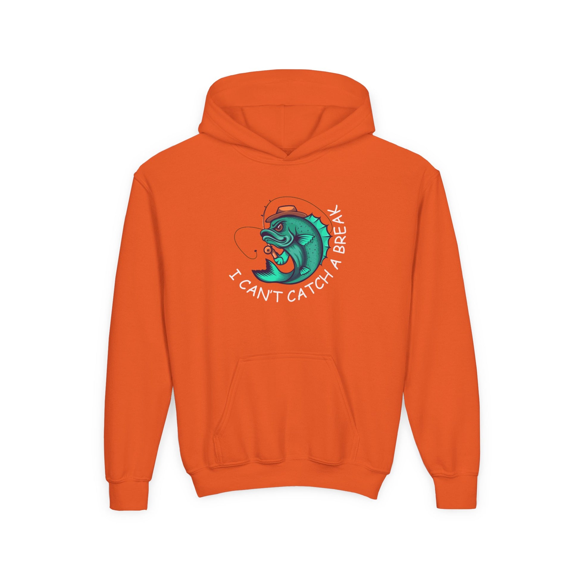 Orange funny kids hoodie with fish design featuring a playful catch phrase and front pocket