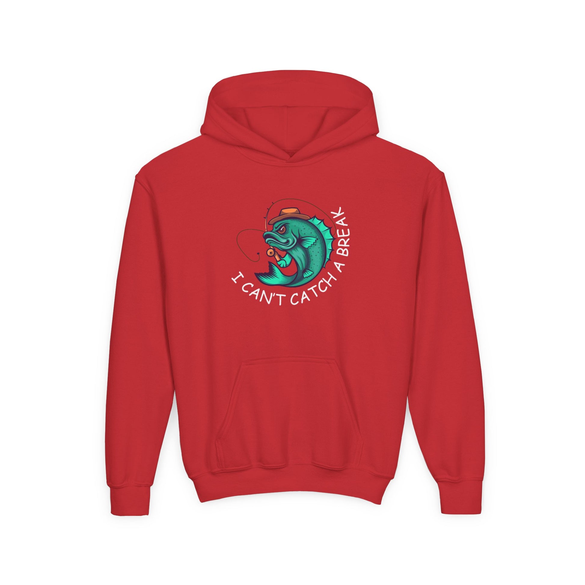 Red funny kids hoodie with fish design and I can't catch a break text print by Printify