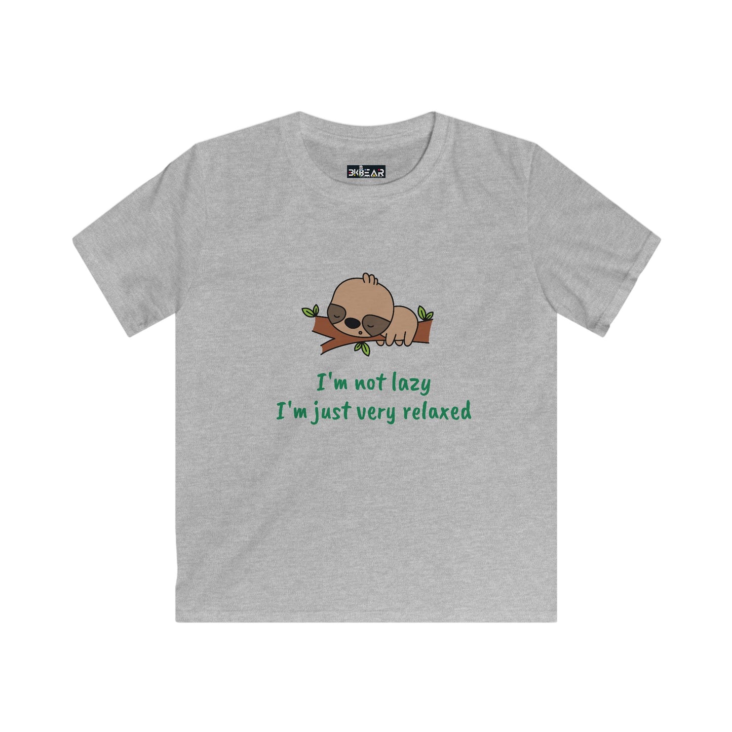 Gray funny kids shirt relaxed with sleeping sloth graphic and text I'm not lazy I'm just very relaxed