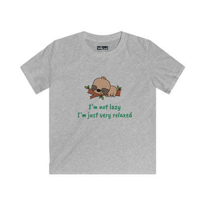 Gray funny kids shirt relaxed with sleeping sloth graphic and text I'm not lazy I'm just very relaxed