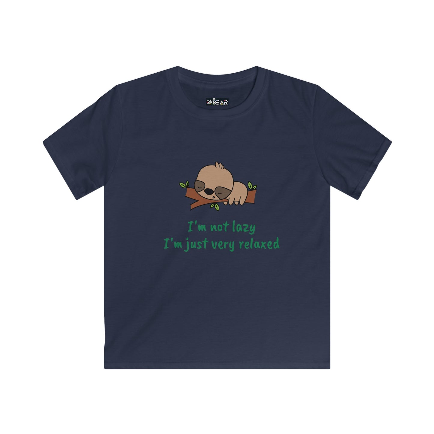 Printify navy funny kids shirt relaxed with sleeping sloth and text I'm not lazy I'm just very relaxed