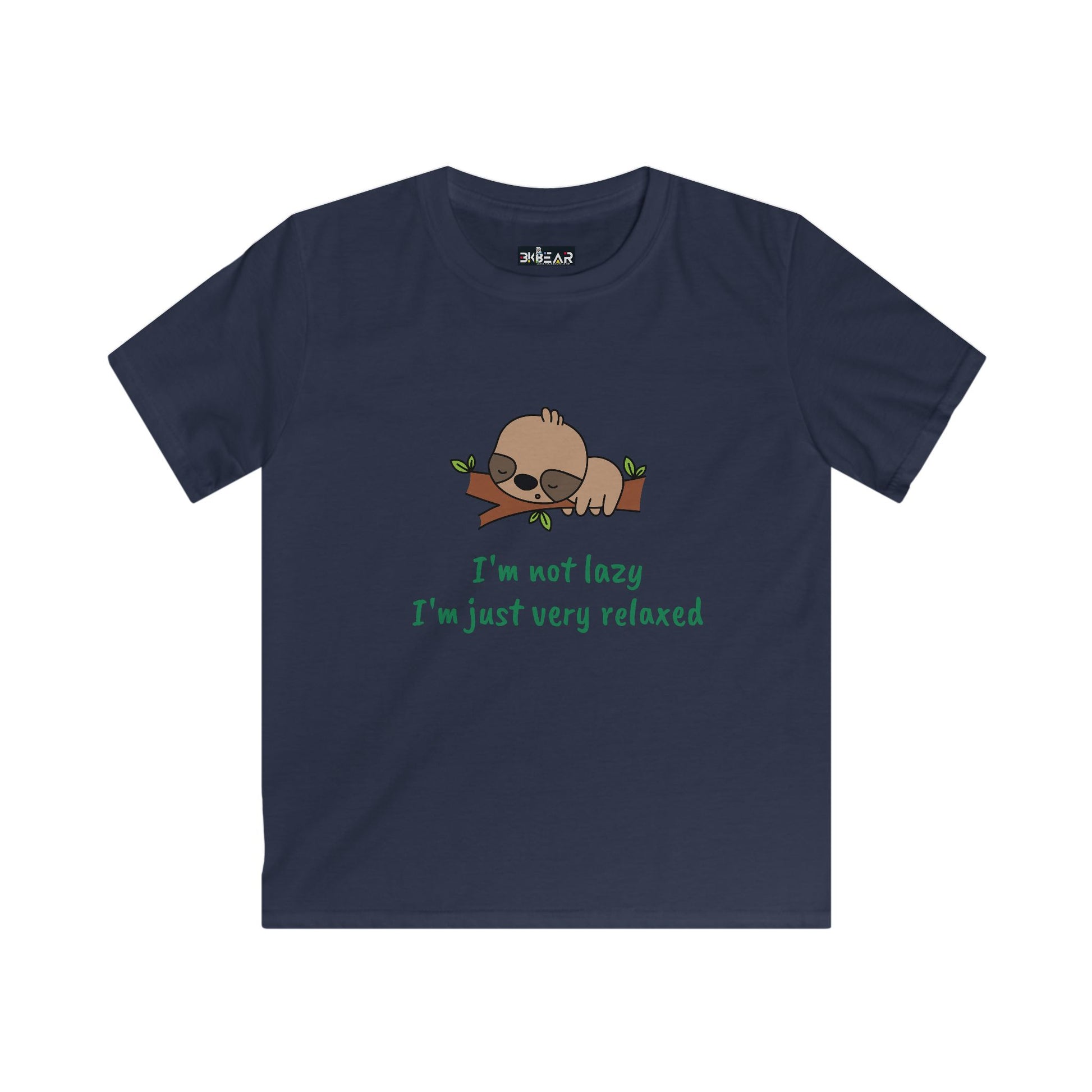 Printify navy funny kids shirt relaxed with sleeping sloth and text I'm not lazy I'm just very relaxed