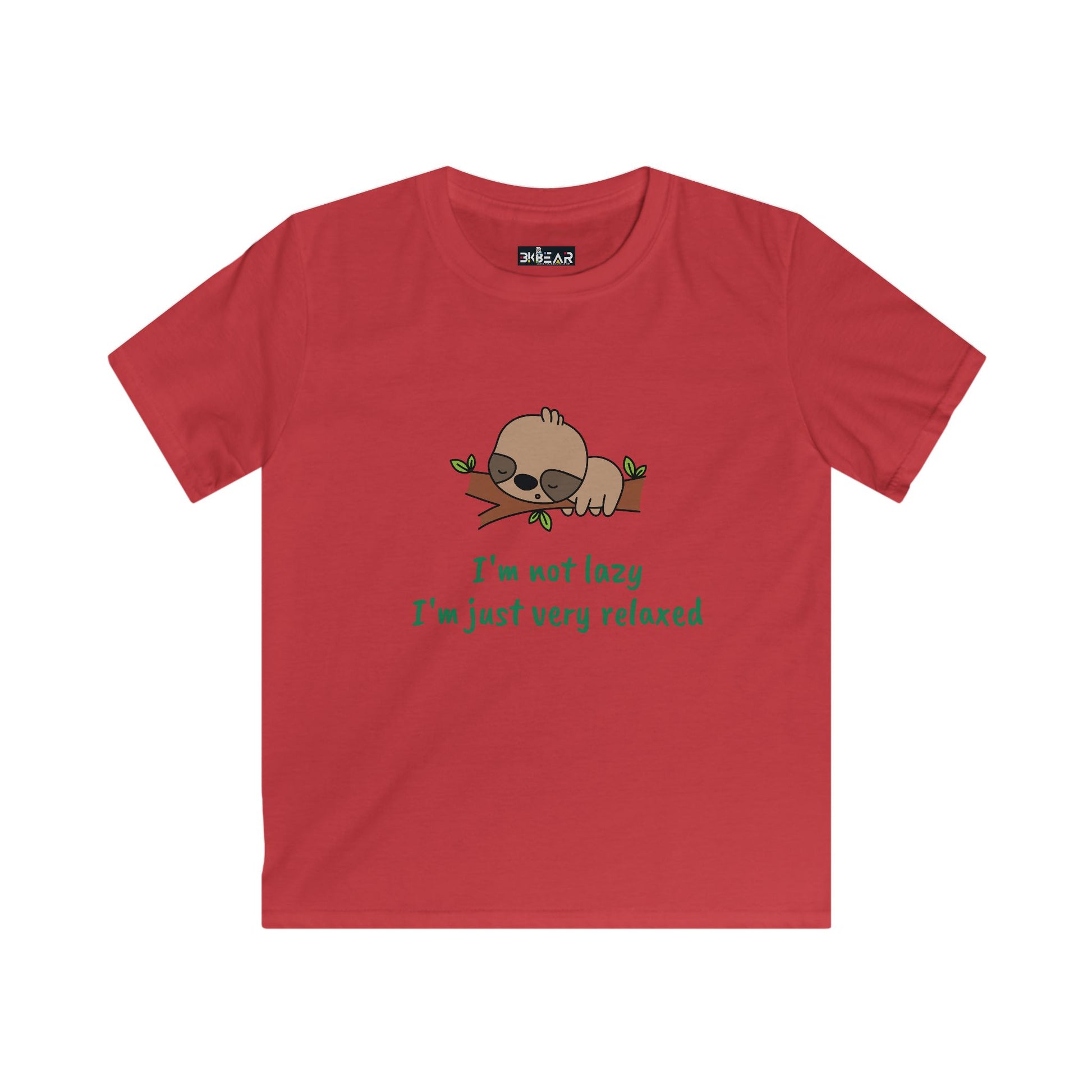 Red funny kids shirt relaxed with cute sloth graphic and text I'm not lazy I'm just very relaxed
