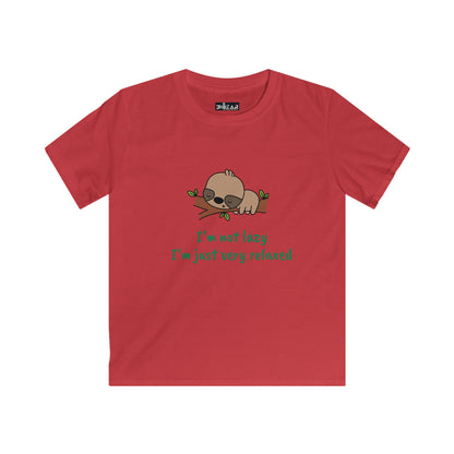 Red funny kids shirt relaxed with cute sloth graphic and text I'm not lazy I'm just very relaxed