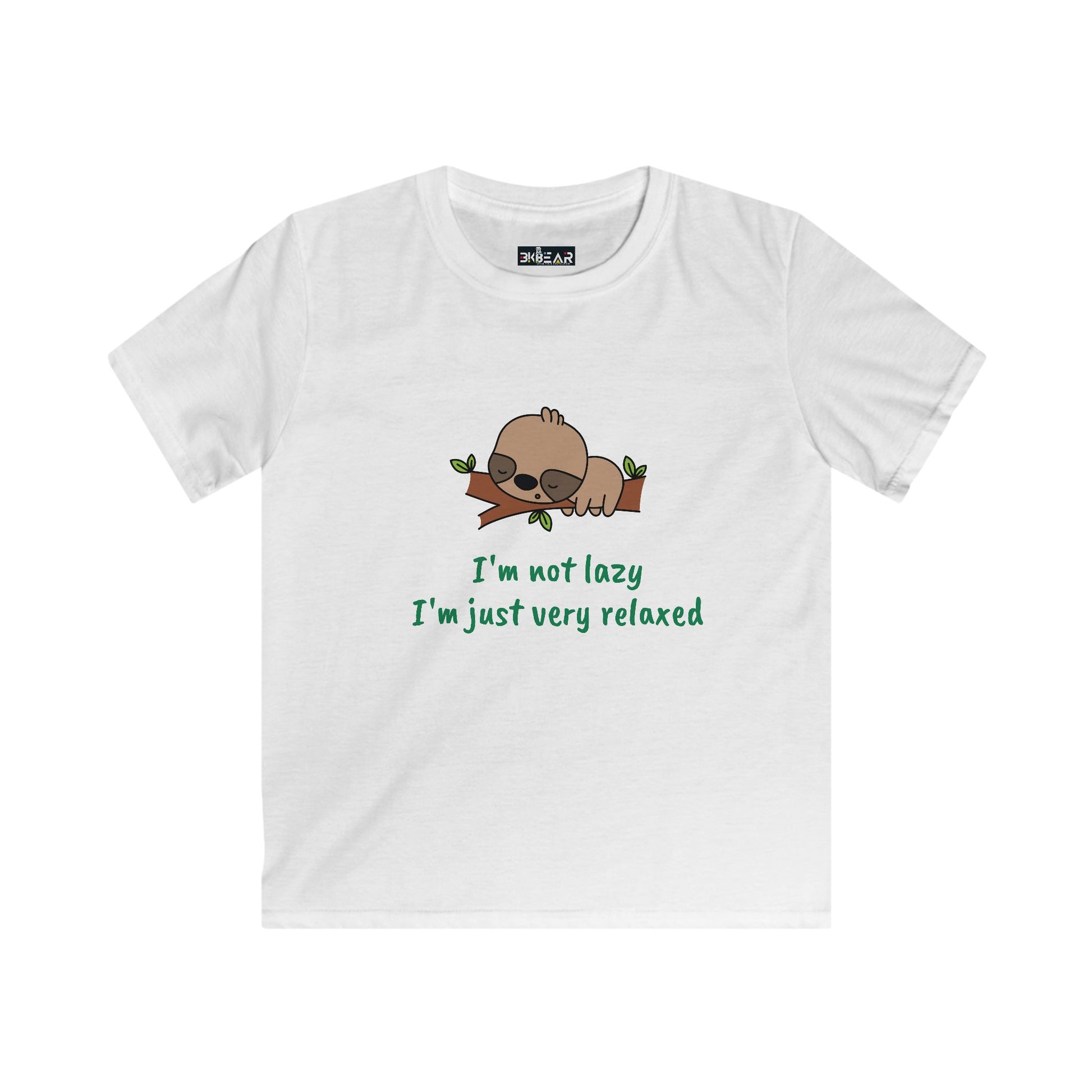 White funny kids shirt relaxed with a sleeping sloth and text I'm not lazy I'm just very relaxed