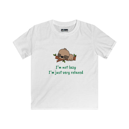 White funny kids shirt relaxed with a sleeping sloth and text I'm not lazy I'm just very relaxed