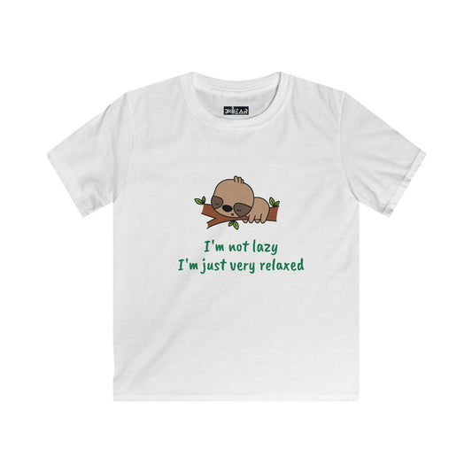 White funny kids shirt relaxed with a sleeping sloth and text I'm not lazy I'm just very relaxed