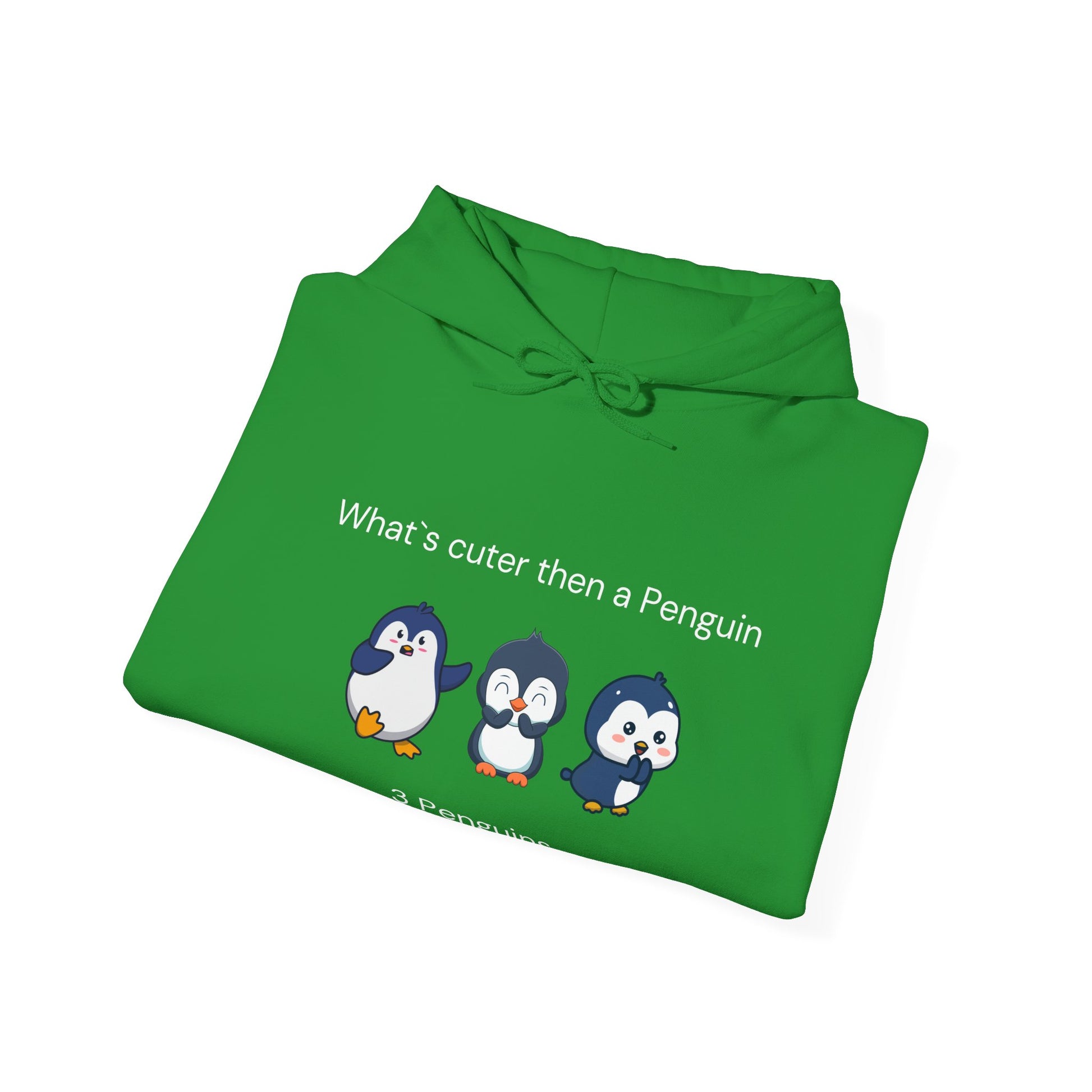 Green funny penguin hoodie with cute cartoon penguin designs and playful text on front