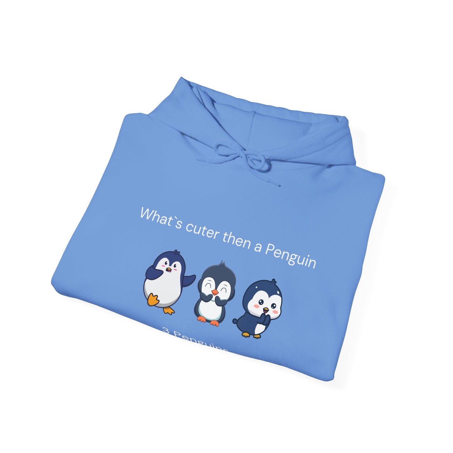 Light blue funny penguin hoodie by Printify with three cartoon penguins and playful text