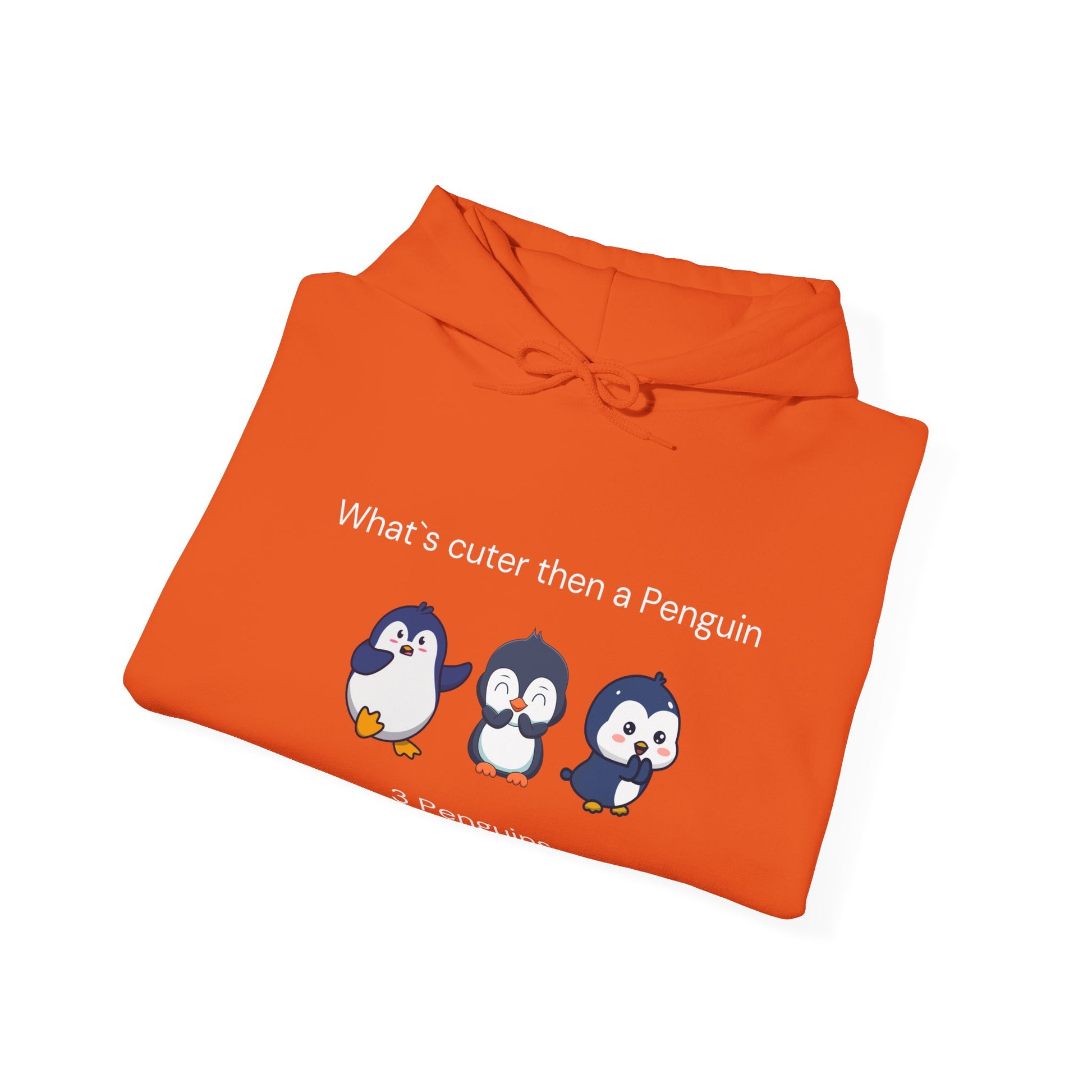 Orange funny penguin hoodie with cute penguin illustrations and playful text from Printify