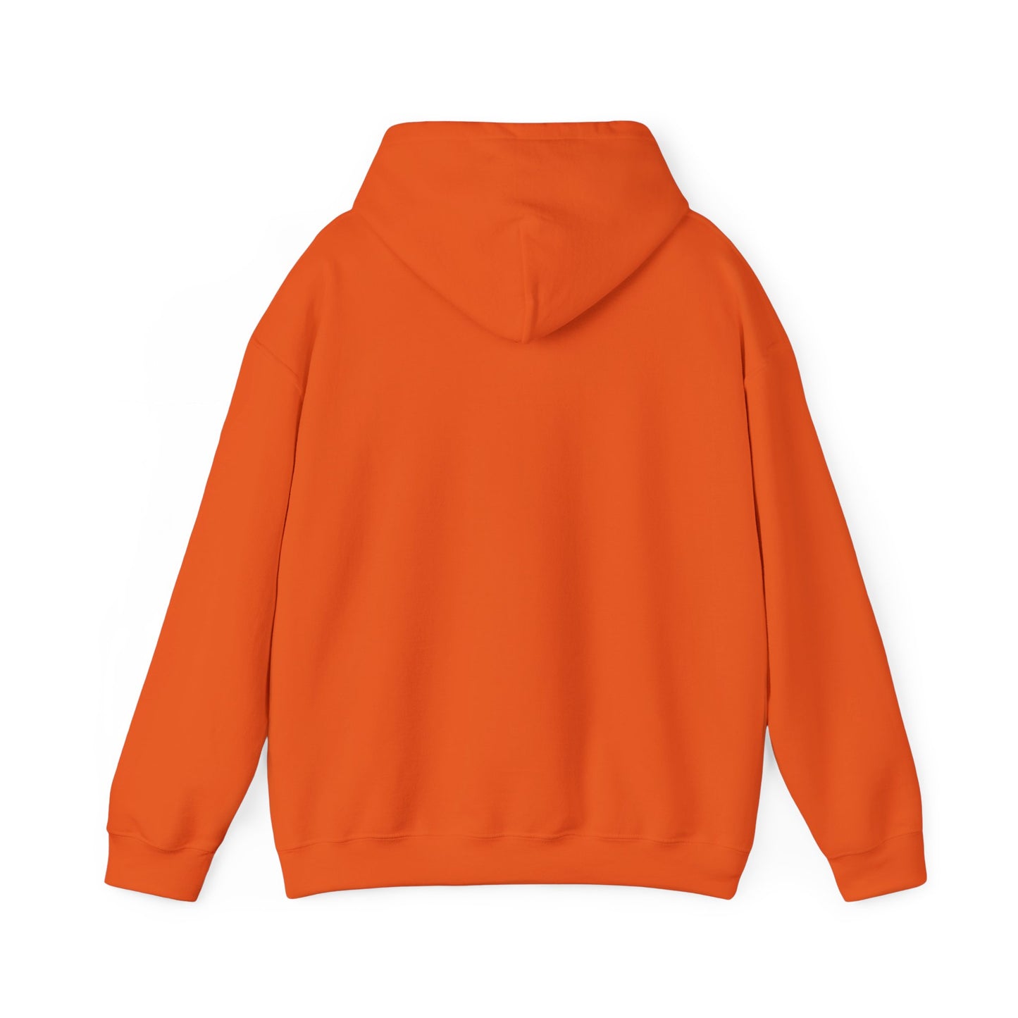 Back view of orange Printify funny penguin hoodie with hood and long sleeves
