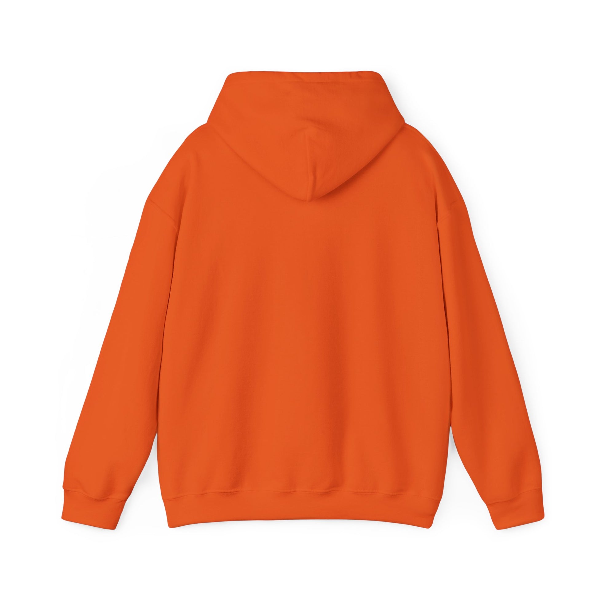 Back view of orange Printify funny penguin hoodie with hood and long sleeves