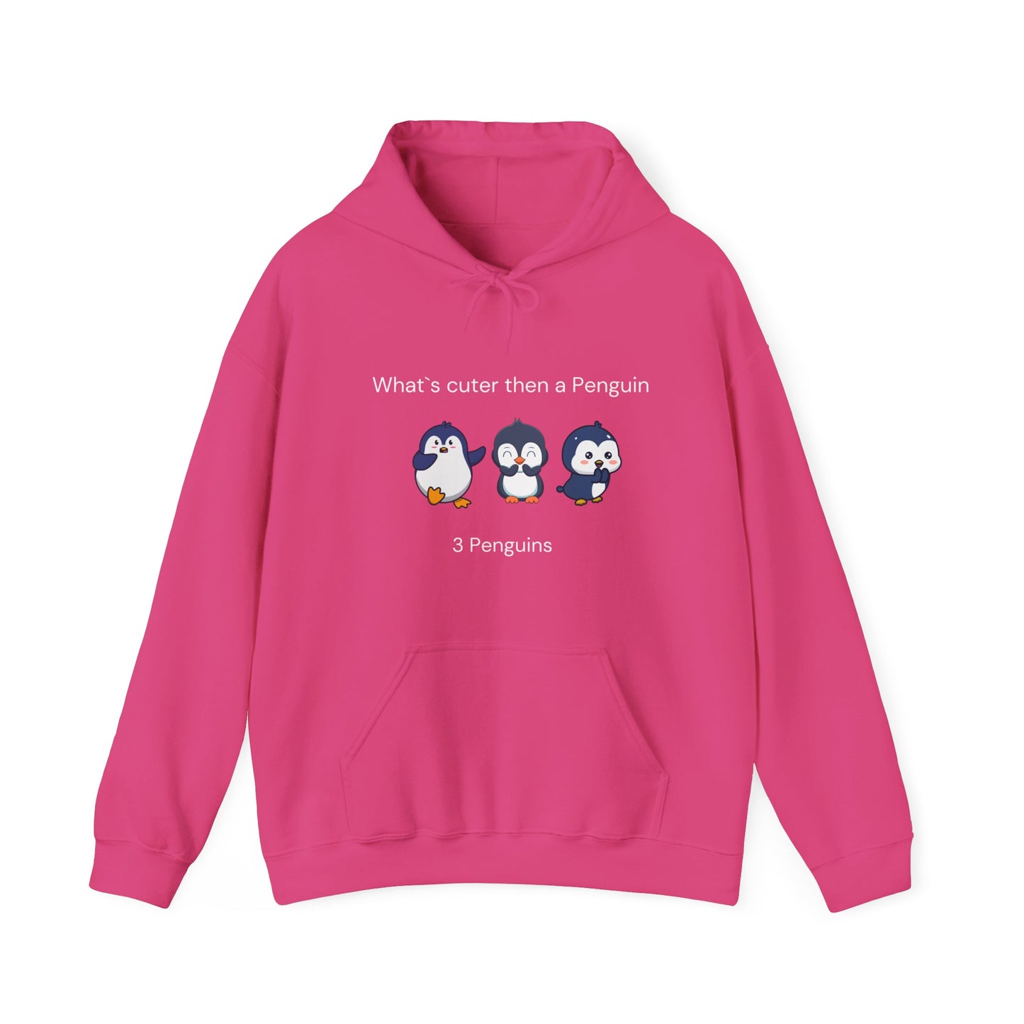 Pink funny penguin hoodie with three cartoon penguins and playful text design