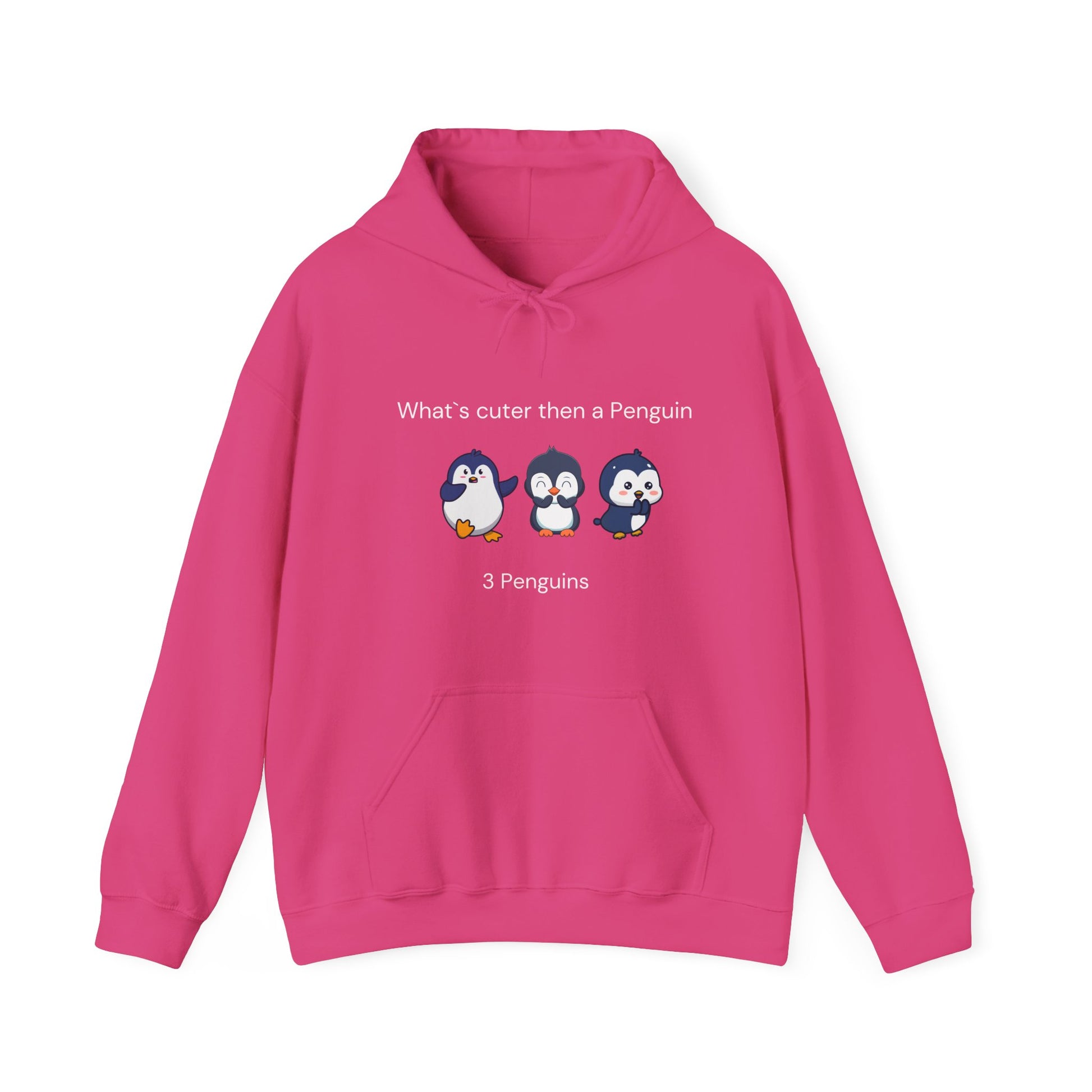 Pink funny penguin hoodie with three cartoon penguins and playful text design