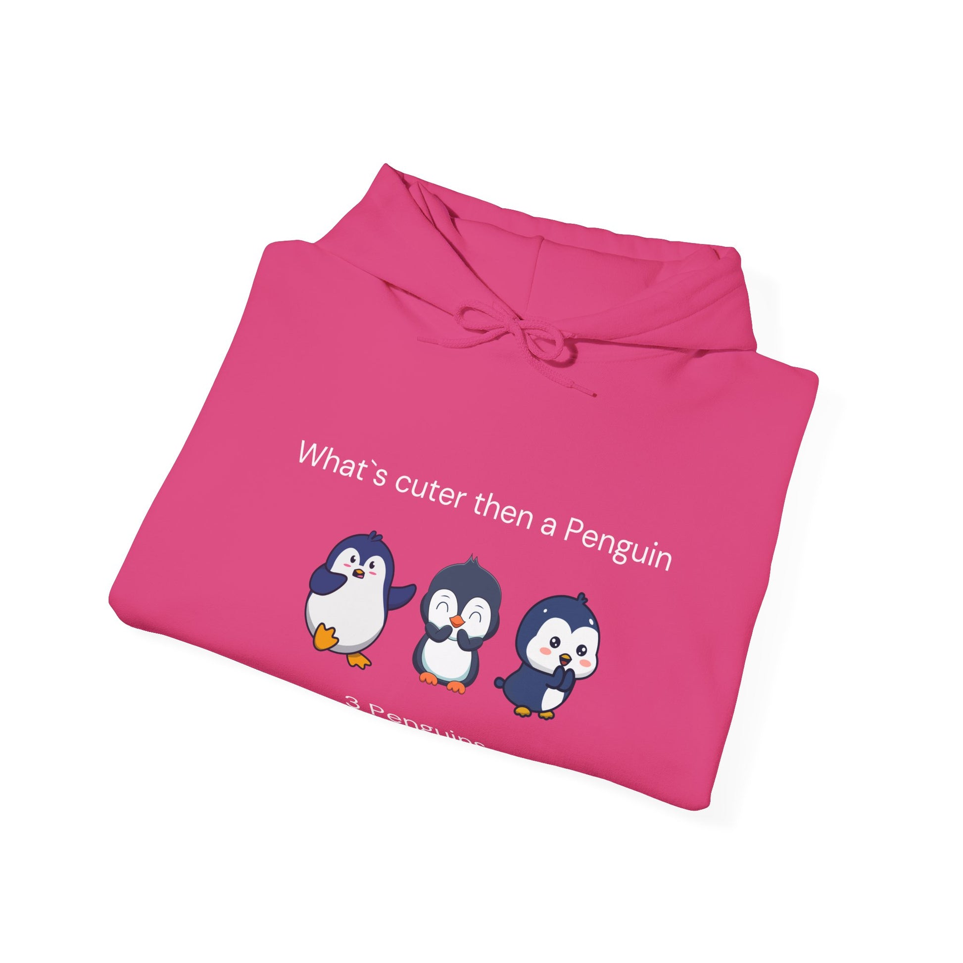 Pink funny penguin hoodie with cute cartoon penguins and playful text design folded flat