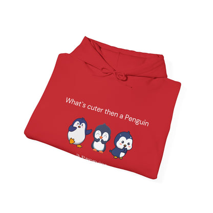 Red funny penguin hoodie by Printify featuring cute cartoon penguins and playful text design