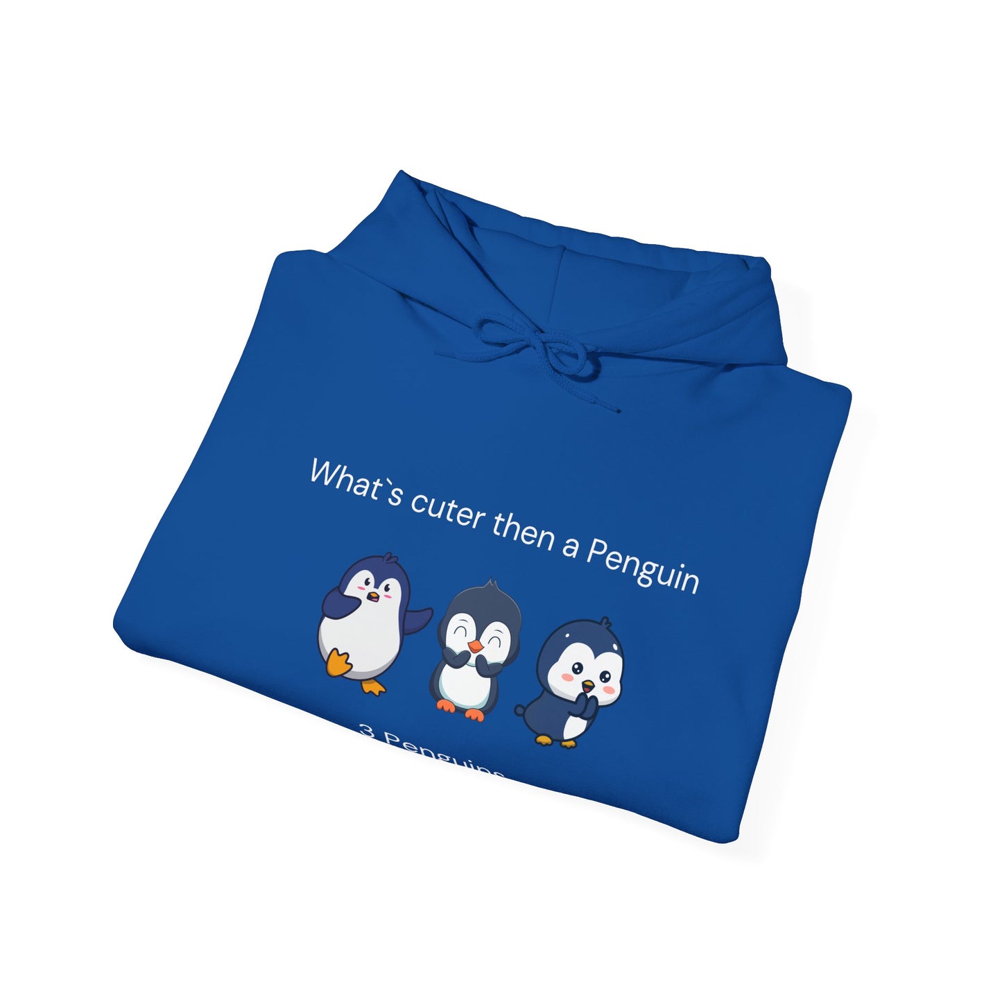 Blue funny penguin hoodie by Printify featuring cute cartoon penguins and playful text design