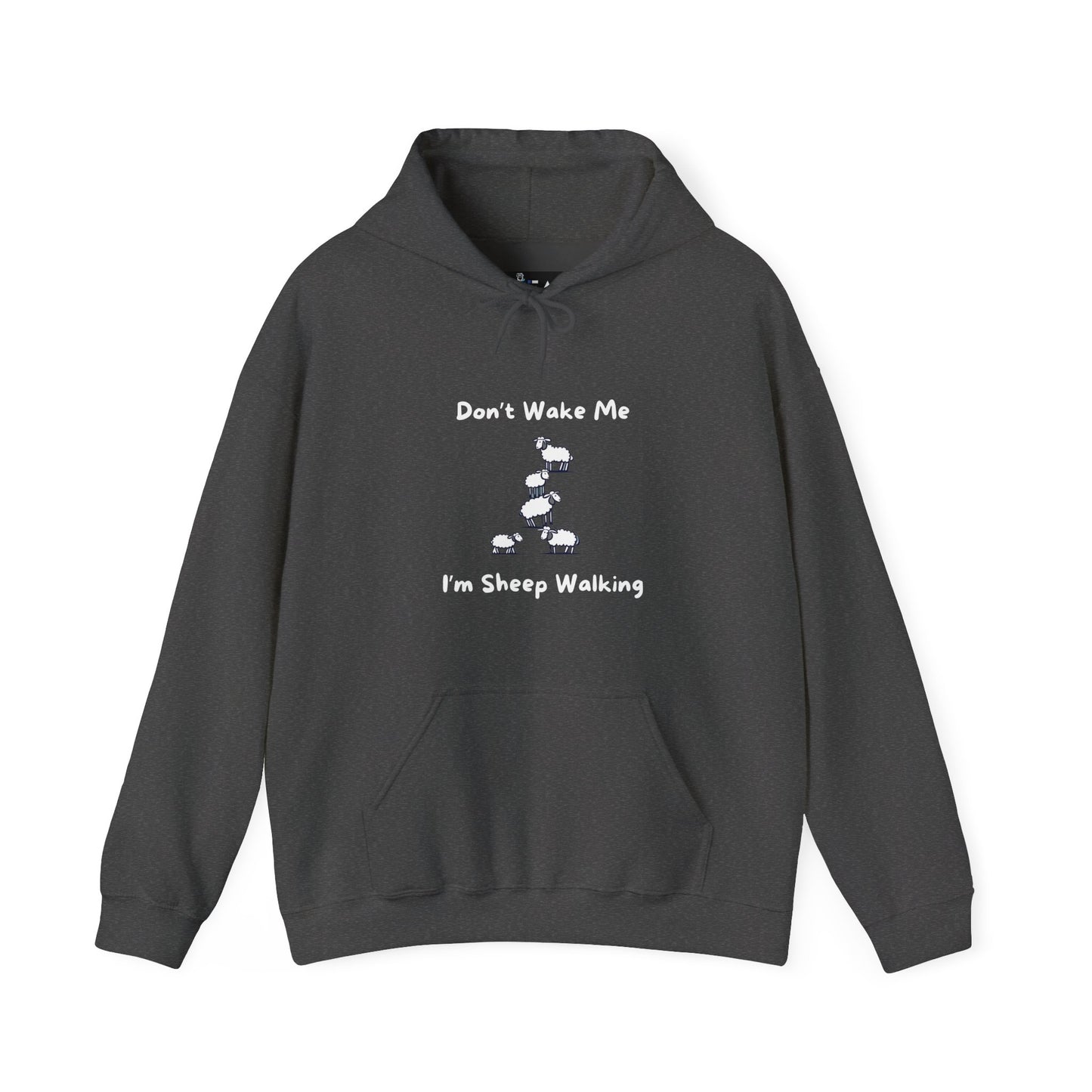 Black funny sheep hoodie from Printify with a humorous sheep walking graphic and text