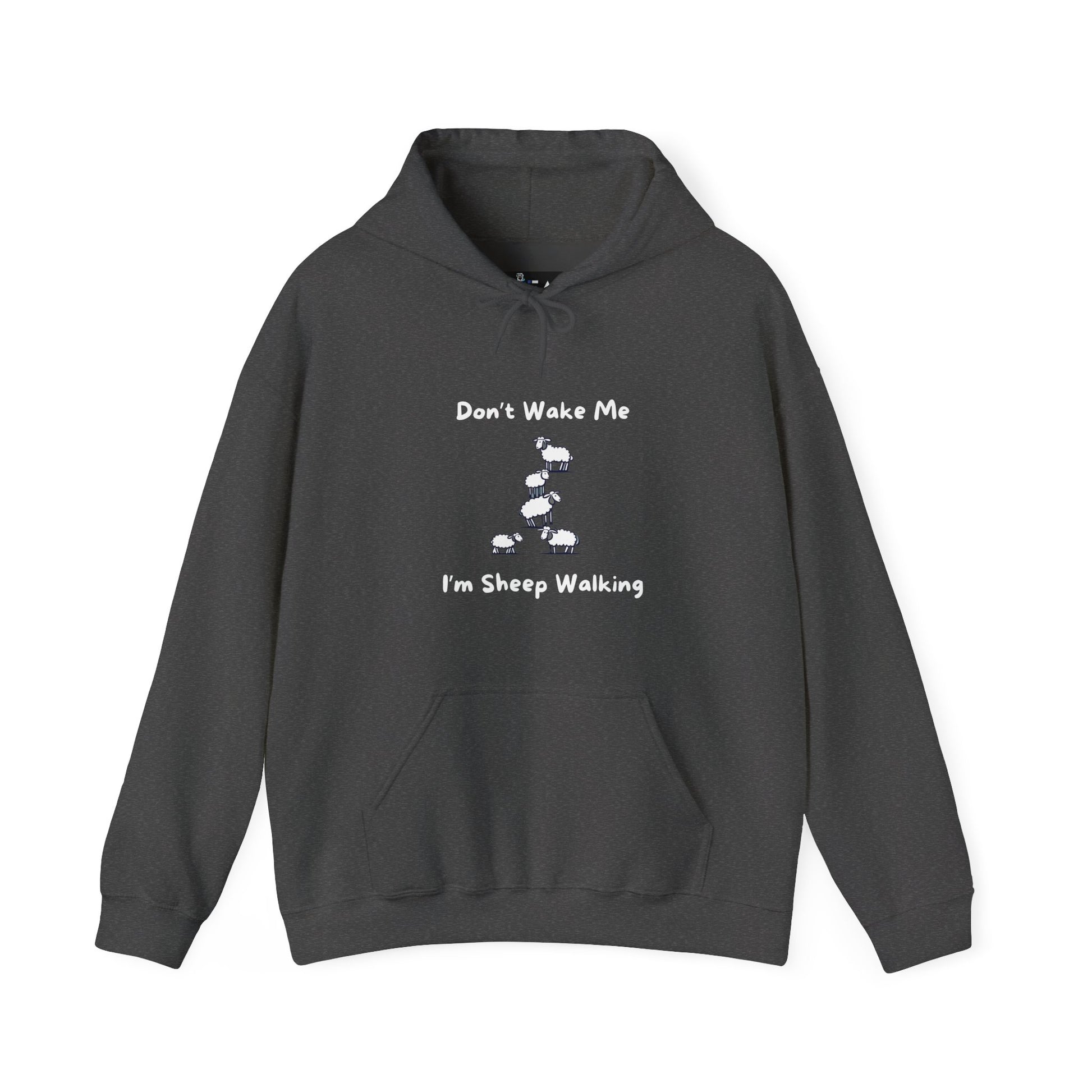 Black funny sheep hoodie from Printify with a humorous sheep walking graphic and text