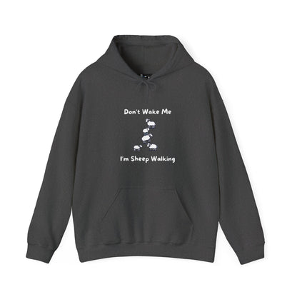 Black funny sheep hoodie from Printify with a humorous sheep walking graphic and text