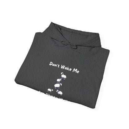 Folded black funny sheep hoodie by Printify with white sheep graphic and Dont Wake Me text