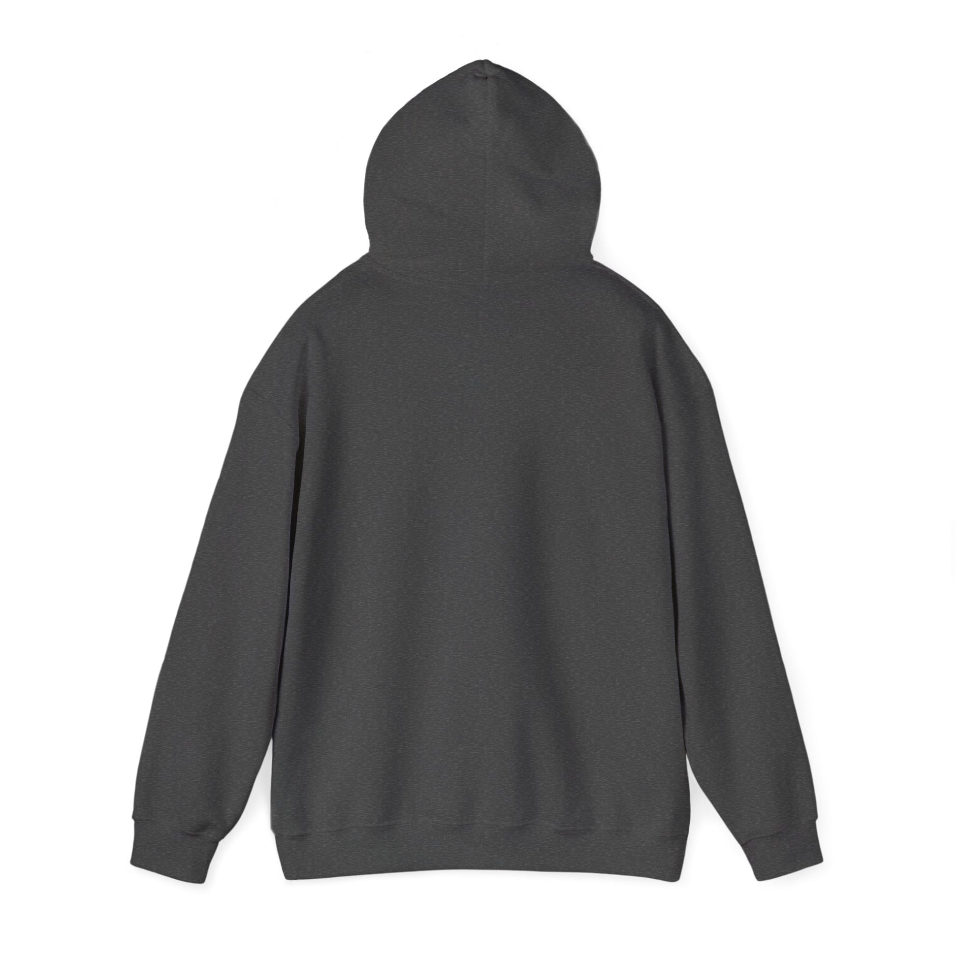 Back view of a plain dark gray funny sheep hoodie by Printify with a hood and long sleeves