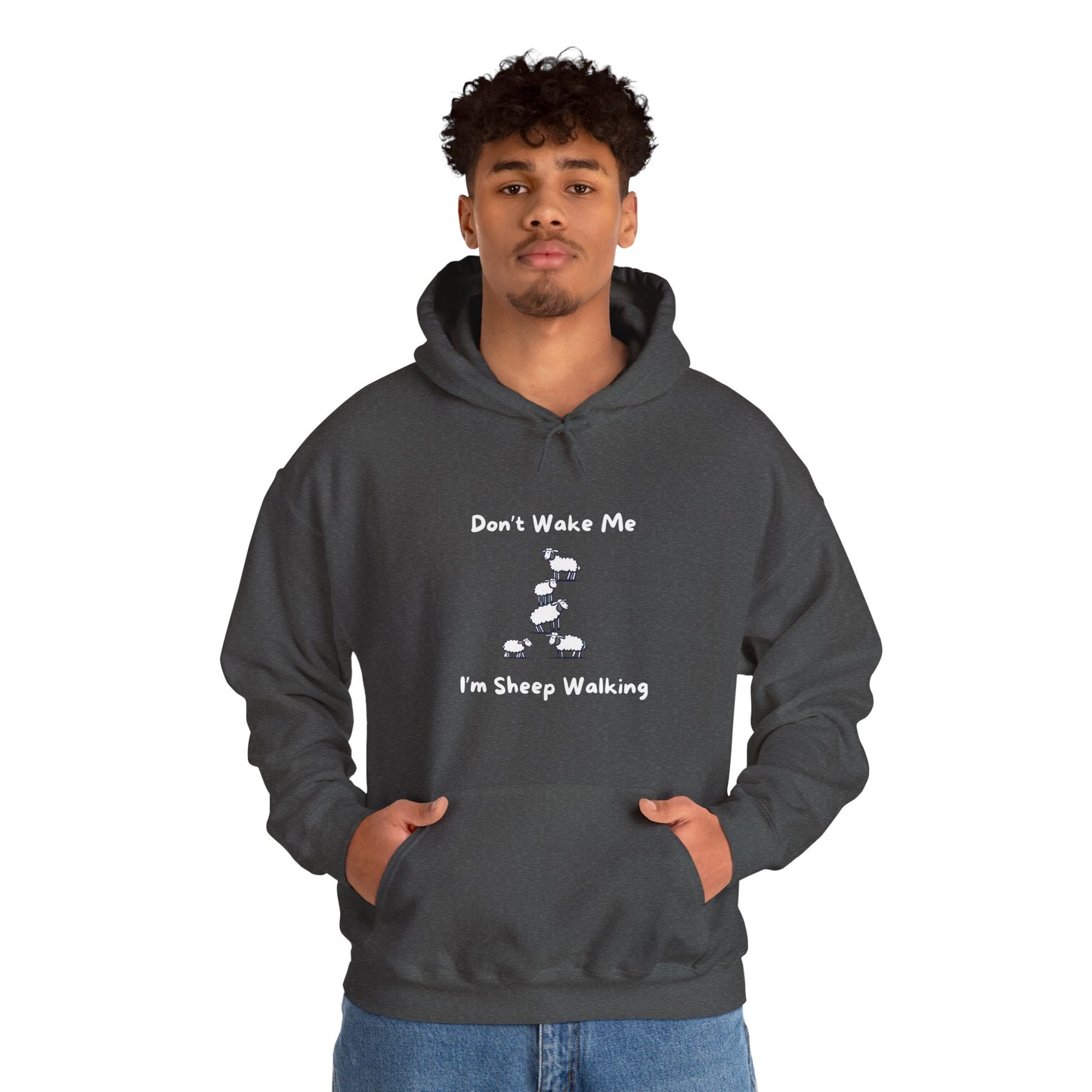 Funny sheep hoodie in dark gray with Dont Wake Me I'm Sheep Walking text and sheep graphic