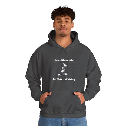 Funny sheep hoodie in dark gray with Dont Wake Me I'm Sheep Walking text and sheep graphic