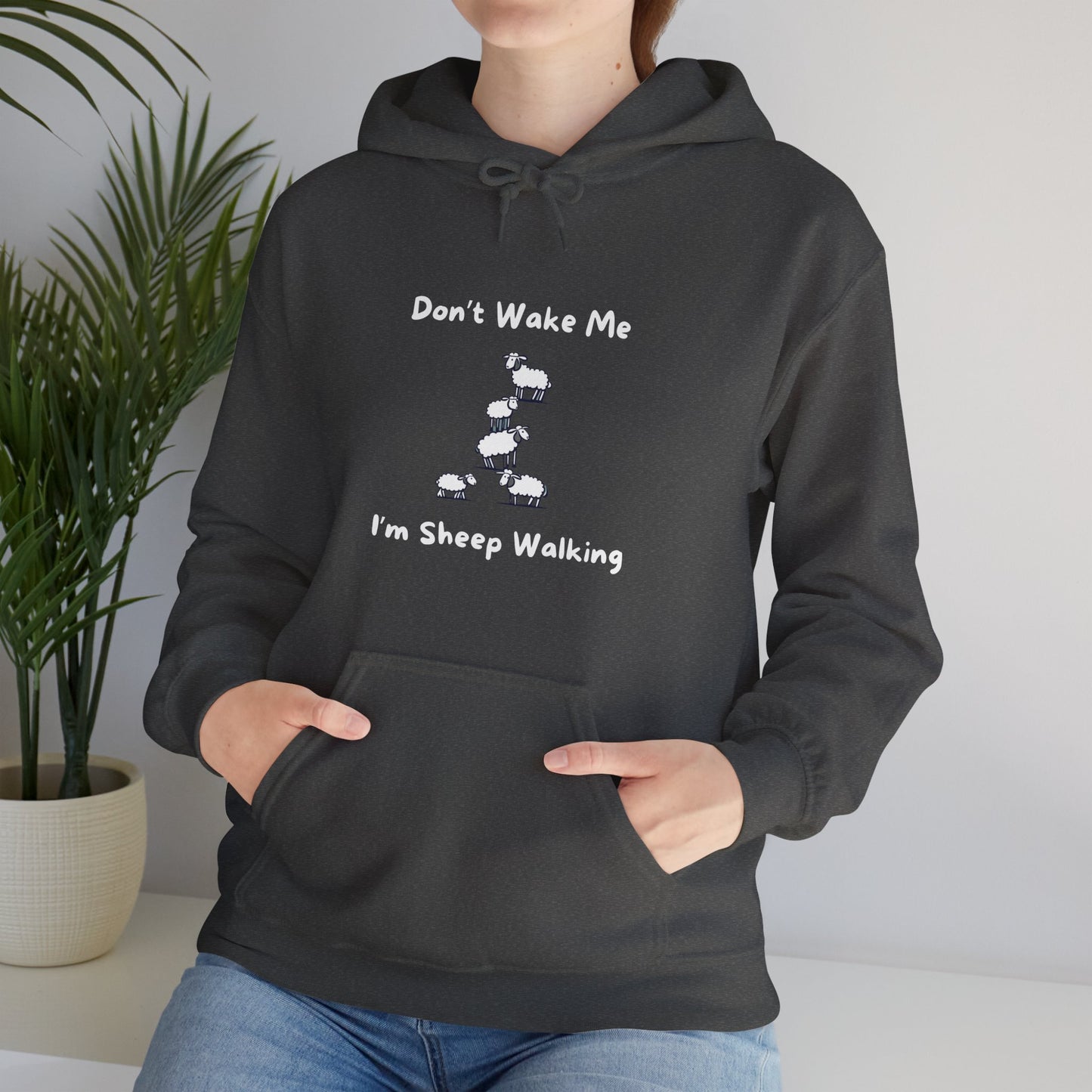 Black funny sheep hoodie with cartoon sheep and text saying Don't Wake Me I'm Sheep Walking